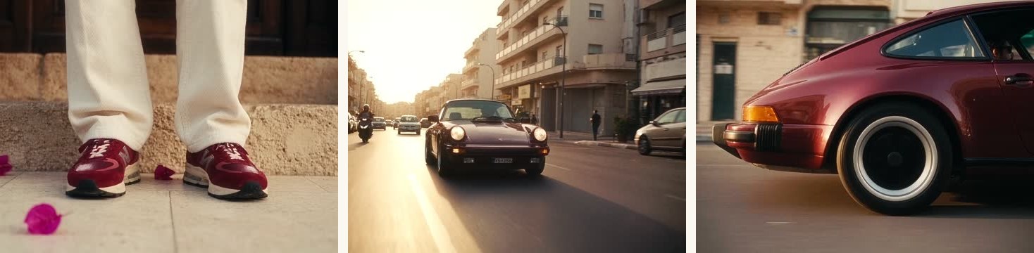 Shot 2’s ground-level sneakers, Shot 10’s low camera-car tracking, Shot 12’s wheel-height flank — three different rigs, one film look.
