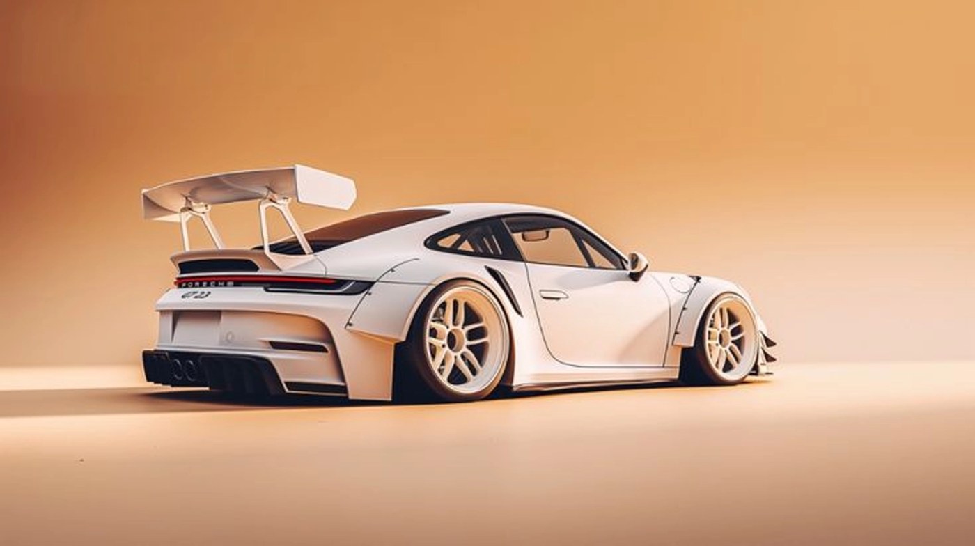 Image 1 — the car photo. Identity and form reference only: the prompt forbids adding or removing aero parts, and borrows this frame's beige-peach light for the entire grid.