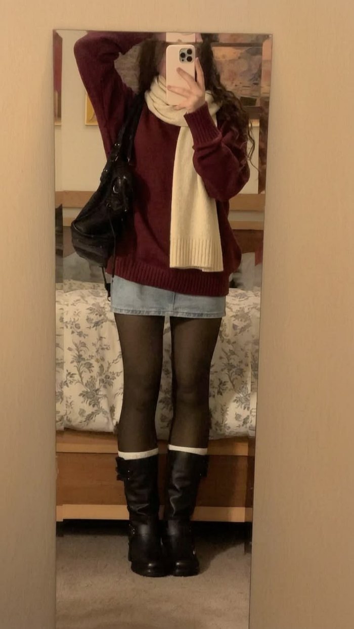 Outfit — burgundy knit, cream scarf, denim mini