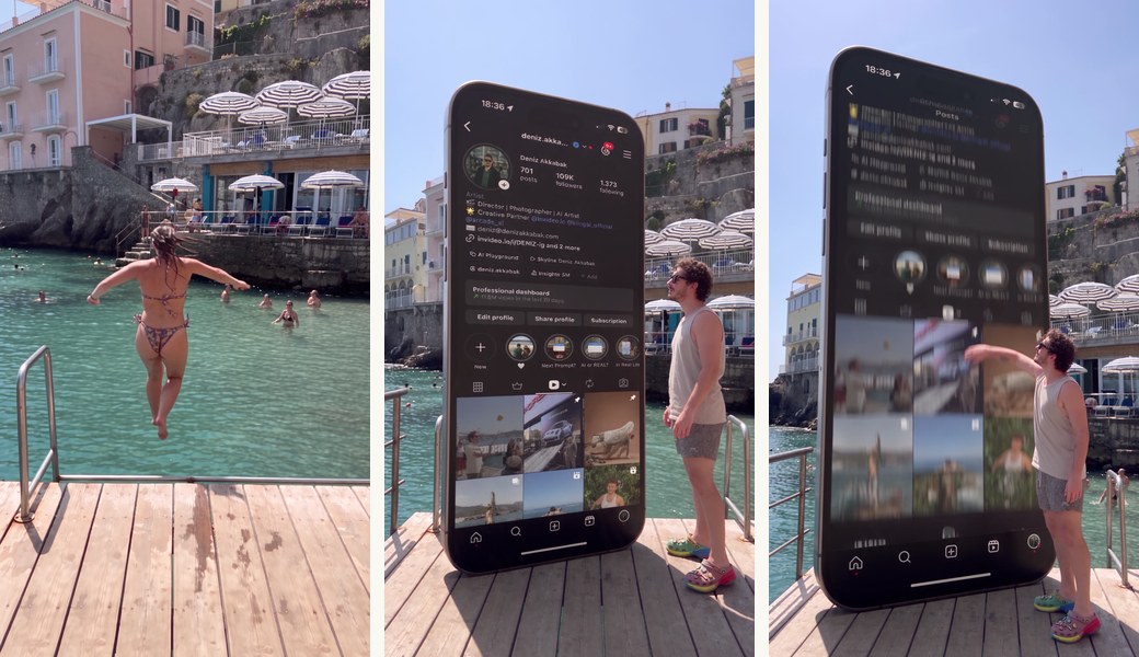 On the pier — Stage 1 cannonball, Stage 3 growth, Stage 4 swipe. The phone is the only thing in the frame that never moves once it has grown.