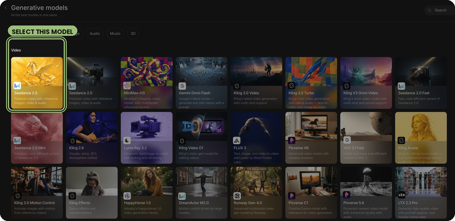 invideo's generative models catalog — select Seedance 2.5 from the Video row.