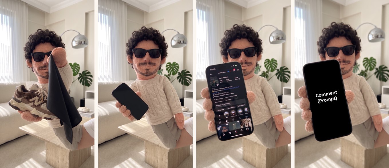 Stages 5–8 — the hat collapsing into a silk handkerchief, the whip-away revealing a dark phone, the profile lighting up, and the tap that leaves only Comment “Prompt” on screen.