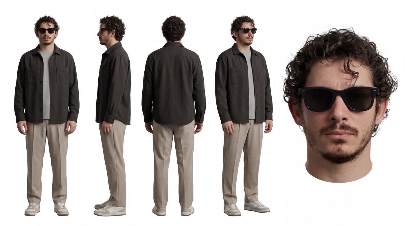 Identity from every angle — the model's answer sheet for a scene where the star keeps moving.