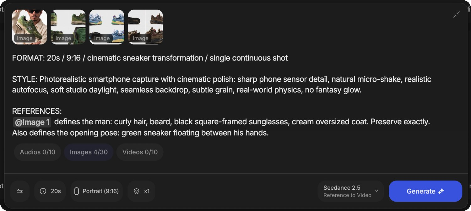The prompt bar, staged — 4 image references attached, 20s · Portrait (9:16) · x1 · Seedance 2.5 (Reference to Video).