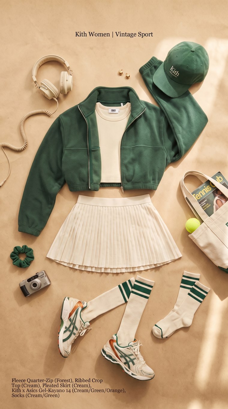 @Image 1 — Ivy: forest-green fleece, cream pleated skirt, striped tube socks tucked into the sneakers, tote and tennis ball in the wings.