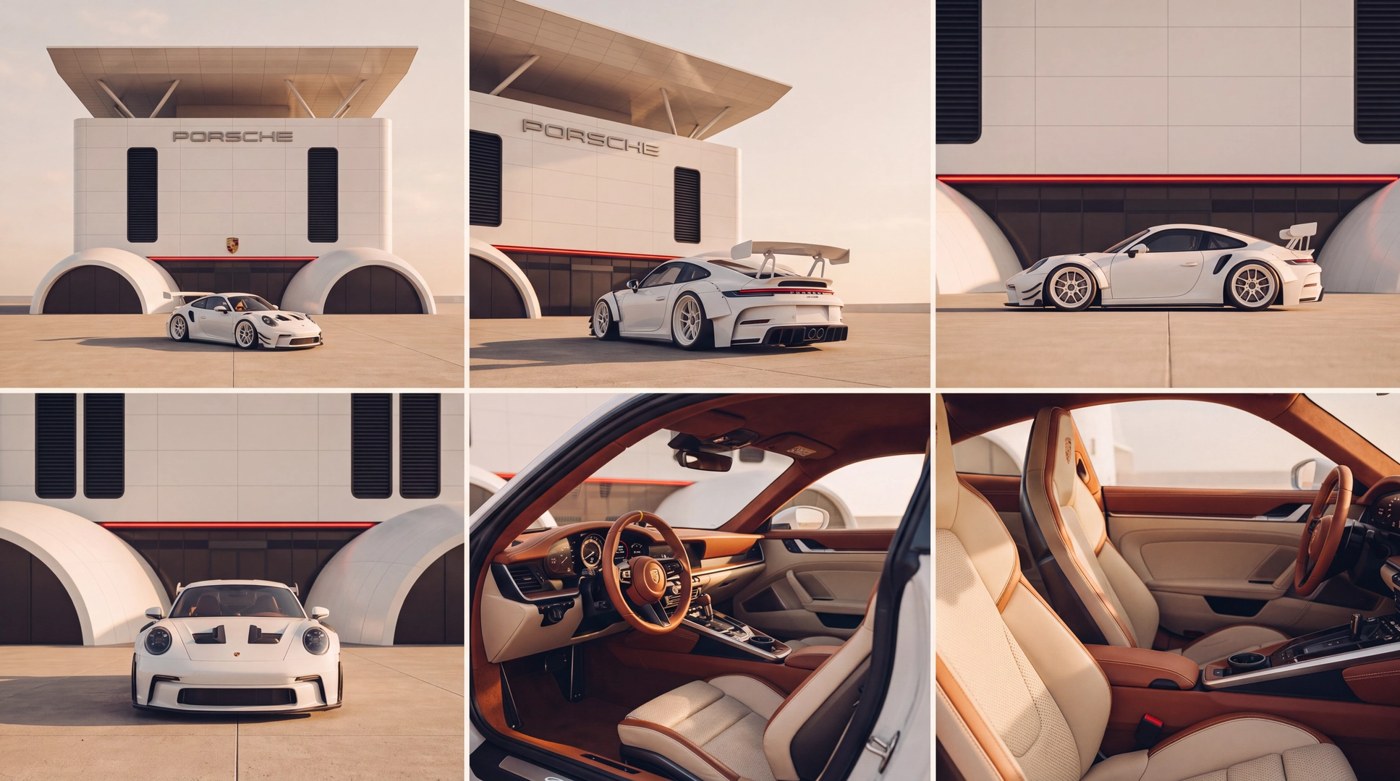 Output — the six-panel sheet. Top row: establishing, rear three-quarter under the canopy, pure side profile with the red bar. Bottom row: low front, driver's cockpit, cream-and-cognac seat detail. This becomes @Image 1 in Step 02.