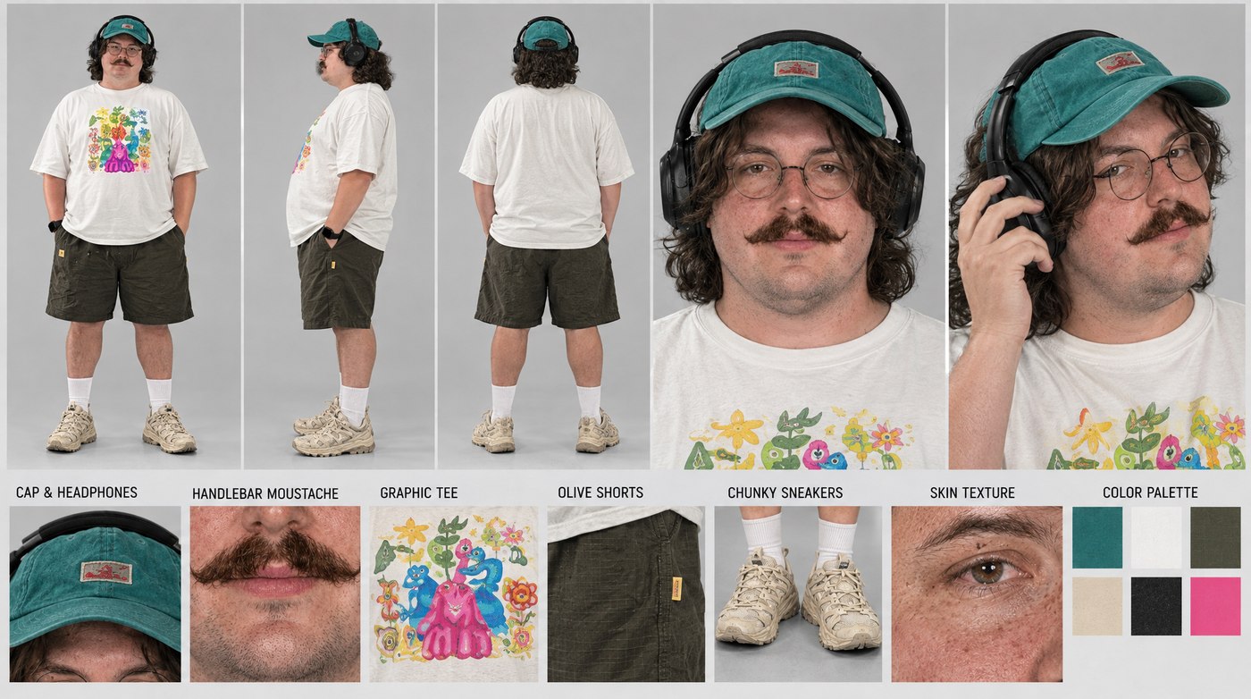 GPT Image 2.5 · 16:9 — The handlebar moustache and the hair survive the cap and headphones.