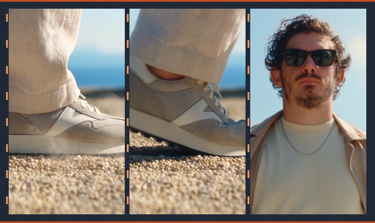 The opening three beats — gravel strike, second stride, the hero revealed. Each frame is a separate hard cut, each cut is a beat of the track.