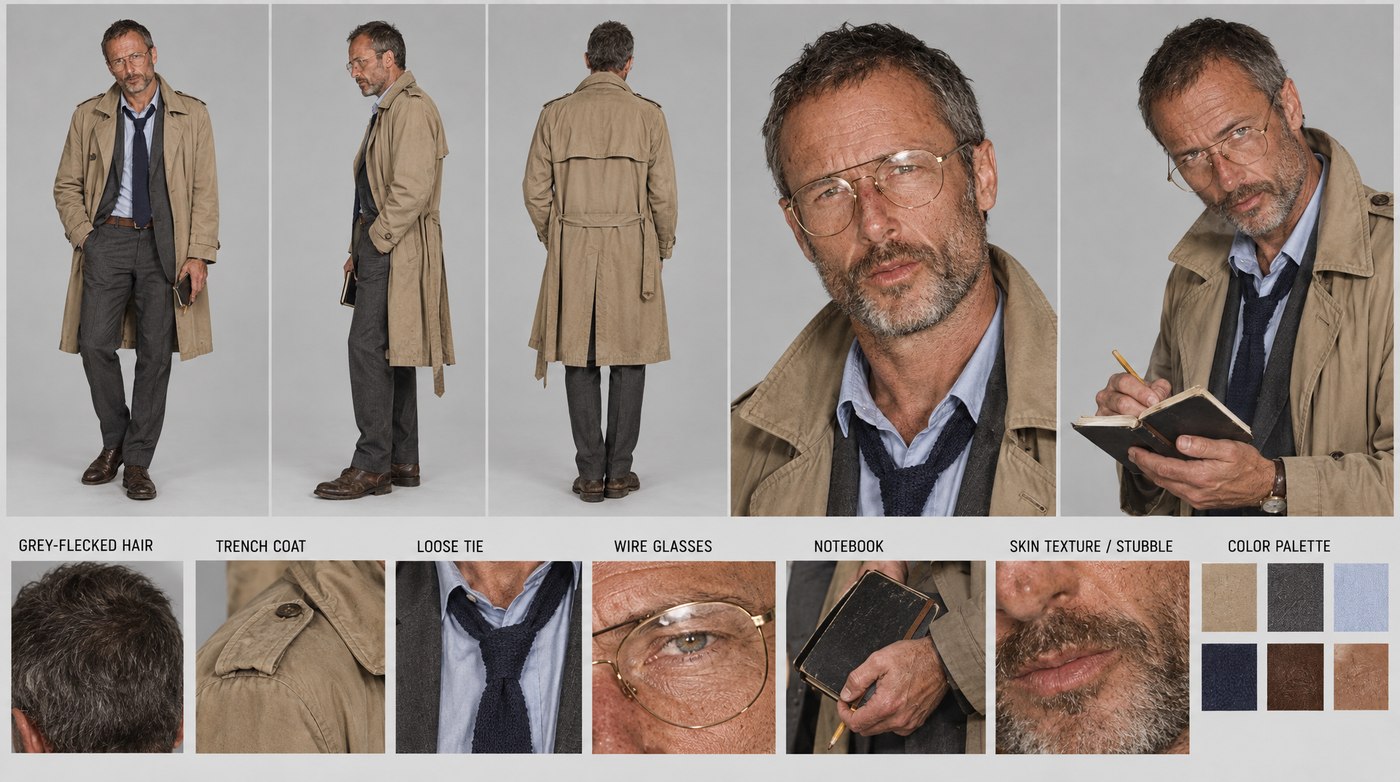 GPT Image 2.5 · 16:9 — Weathered, imperfect skin and a rumpled trench — a man who has been standing all day.