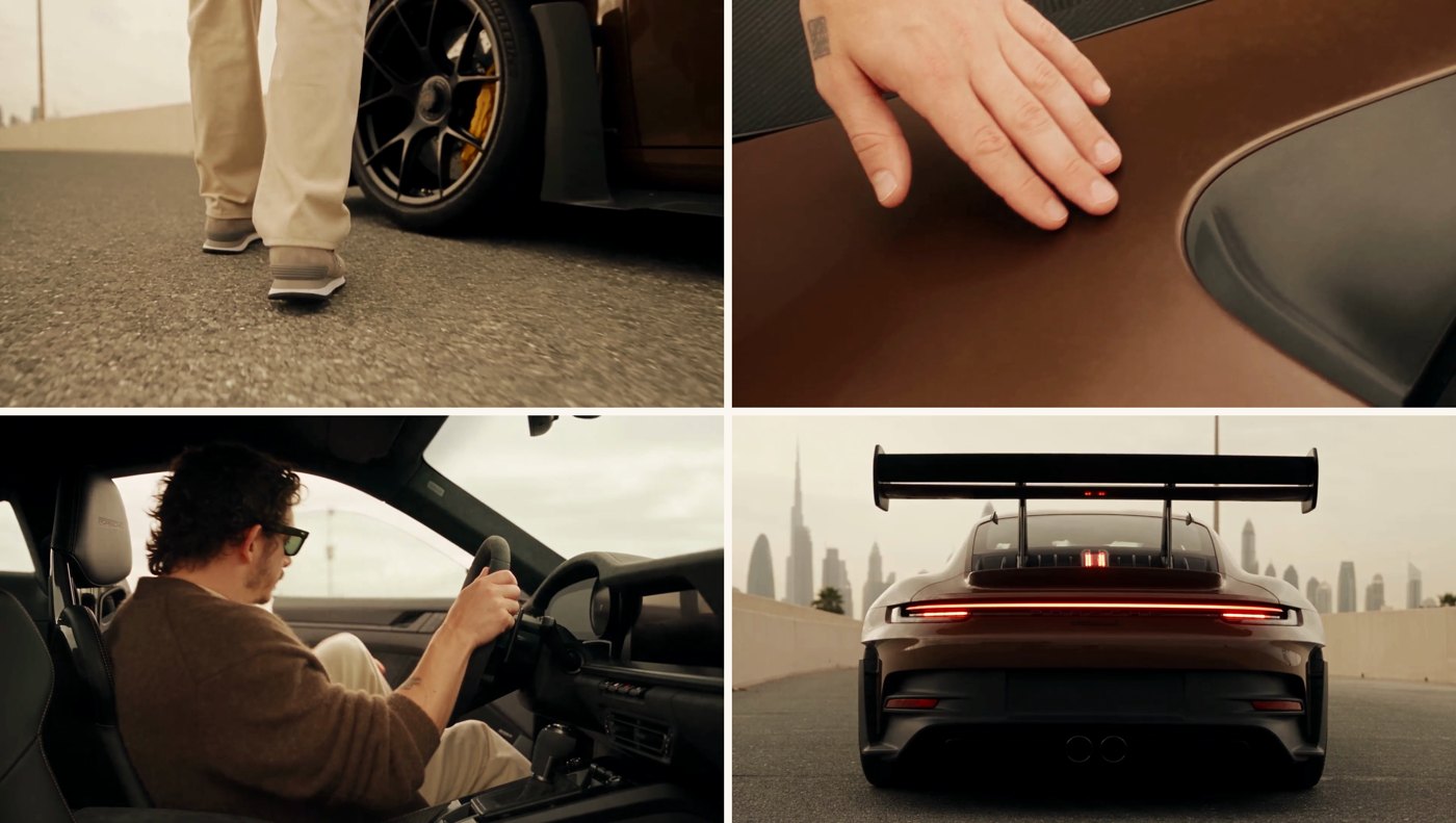 Prompt A, four of the seven setups — the sneakers beside the yellow caliper (Shot 2), fingertips on the metallic brown paint (Shot 3), both hands on the wheel (Shot 5), and the low rear wide with the red light bar dominant (Shot 6).