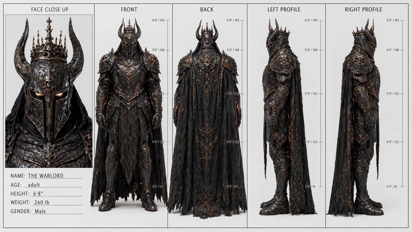 THE WARLORD — crowned-horned helm, gold-inlaid baroque armor, ember-gold energy at the seams.