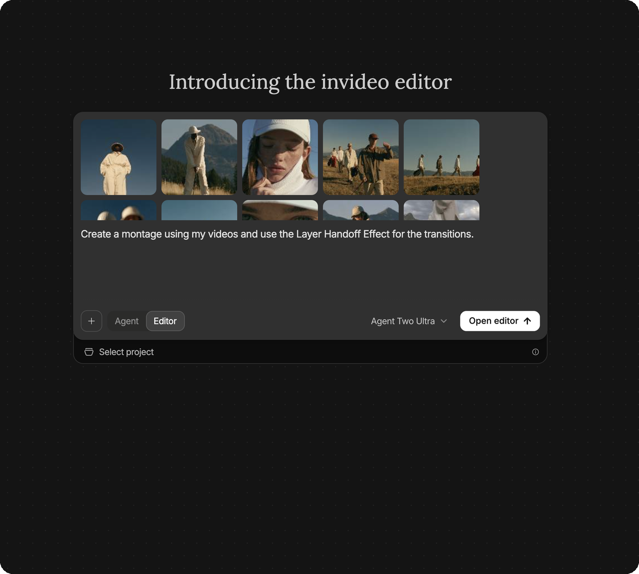 Screen 2 — Raw clips dropped into the prompt bar. The one-liner shown is the short version; for this cut, paste the full brief from Step 02 in its place.