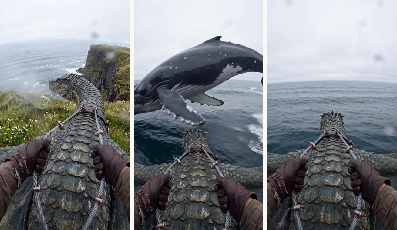 Left to right: Stage 1's eye contact at the cliff edge · Stage 5's scripted whale arcing over the flight path · Stage 6's calm glide, hands relaxed, horizon level.
