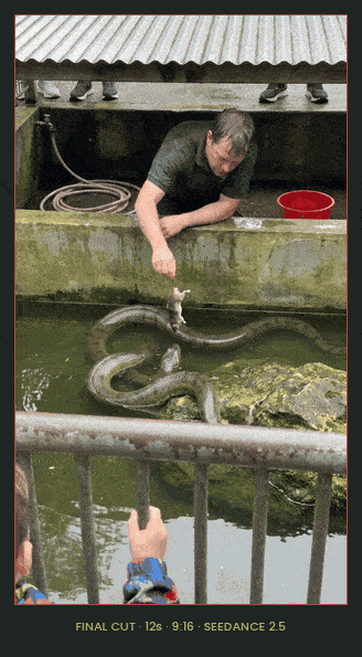 Final Seedance 2.5 output, clean, no overlay. Bait, strike, rescue, release — one continuous handheld take. (Open this document in Google Docs to watch it play.)