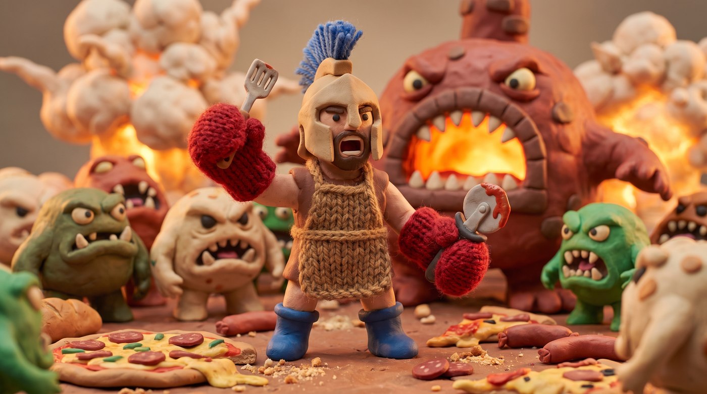The design bible — hero, monster army, oven boss and fire clouds, sculpted in a single frame.