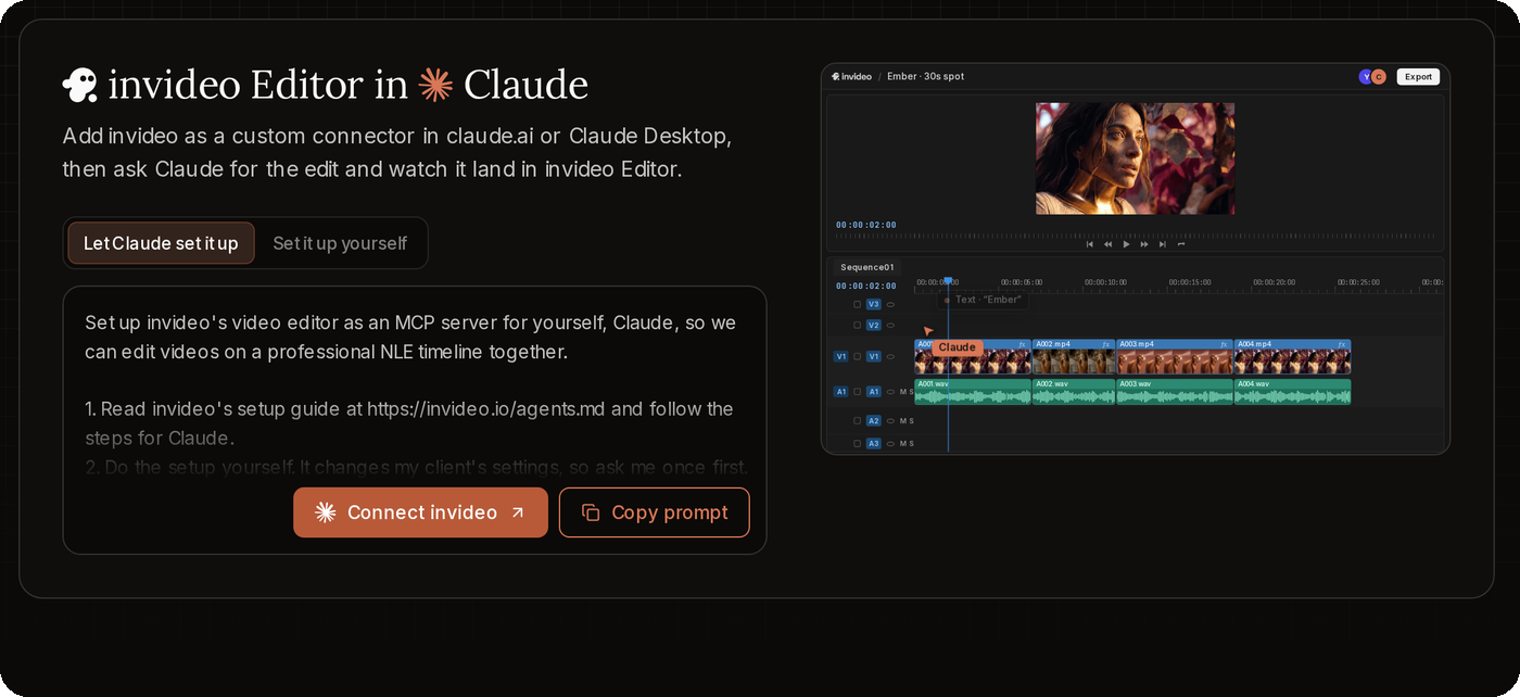 invideo Remote Agents — the Claude tab, “Let Claude set it up” with the Connect invideo and Copy prompt buttons.