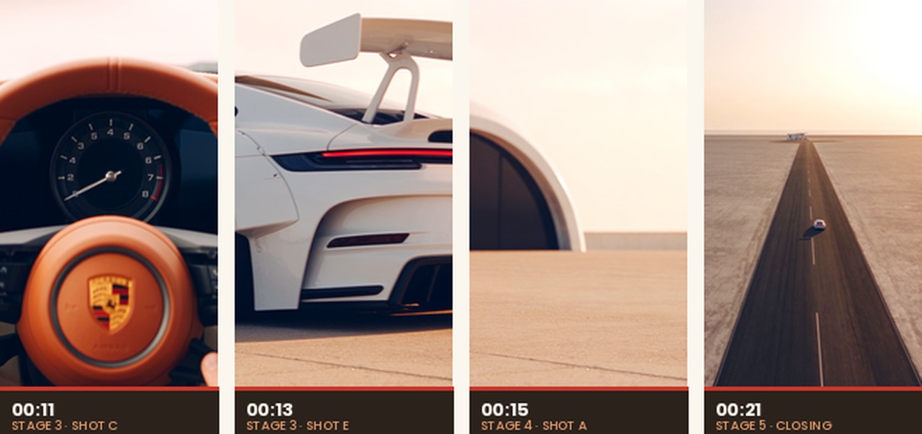 Eight checkpoints against the prompt: the sneaker landing, the curls from behind with the car soft ahead, the 45° drone approach, the lowering into the cream seat, hands on the caramel wheel, the dashboard waking, the wing and red bar crossing frame as it pulls out, and the car small on the straight road.