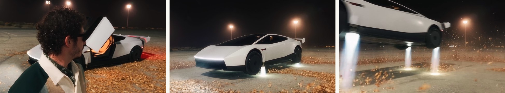 5.0s, the wipe clears and the car is simply there, doors up · 12.6s, the gentle, self-correcting lift · 14.1s, thrusters fire and the leaves take over.