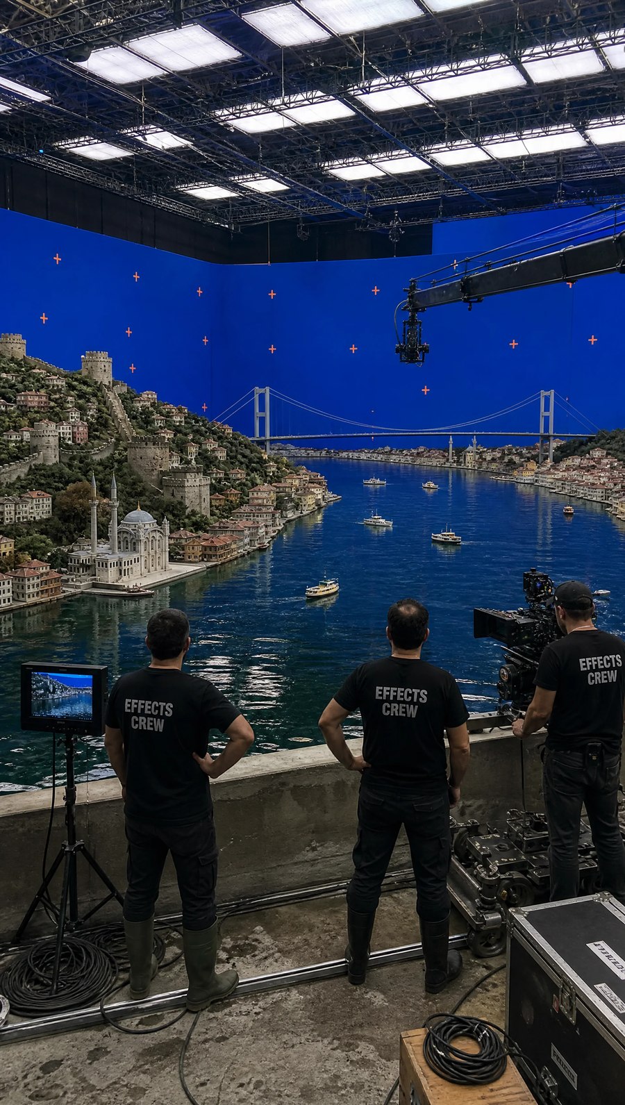 The world bible — miniature Bosphorus, wave tank, bluescreen and crew, all in one governing frame.