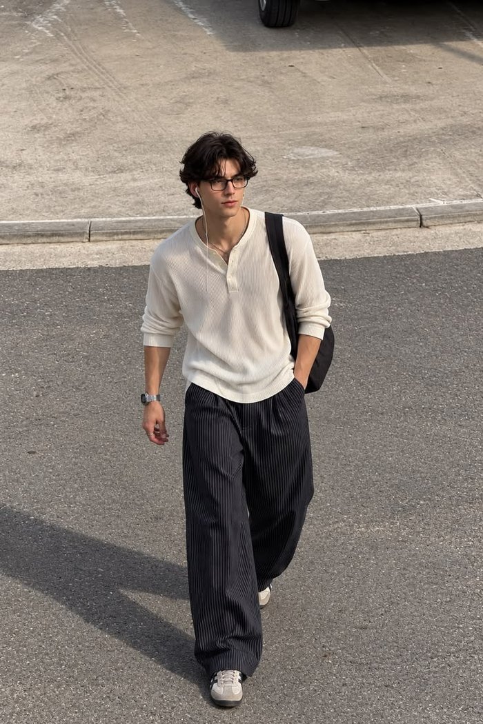 Outfit — waffle henley, pinstripe wide trousers