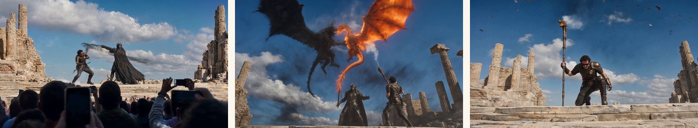 Three beats from the final take — the opening collision, the dragon-vs-wraith clash, and the victory pose.