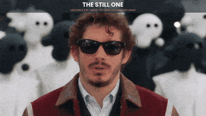 The finished clip — thirty seconds, one shot, a crowd of masked figures and one man who never moves. (Open this document in Google Docs to watch it play.)